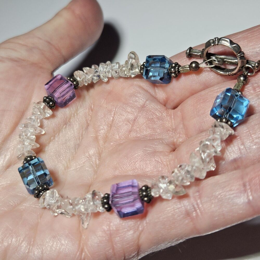 Silver Tone Blue And Purple Beaded Bracelet Toggle Clasp 7.5"